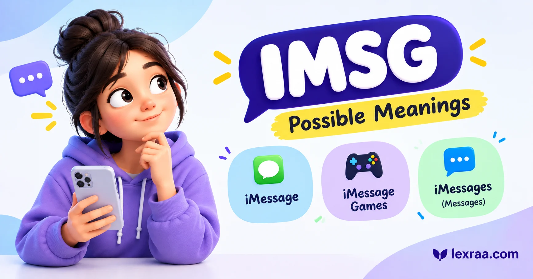IMSG meaning in text explained with a 3D cartoon character holding a smartphone, showing possible meanings “iMessage,” “iMessage Games,” and “iMessages,”