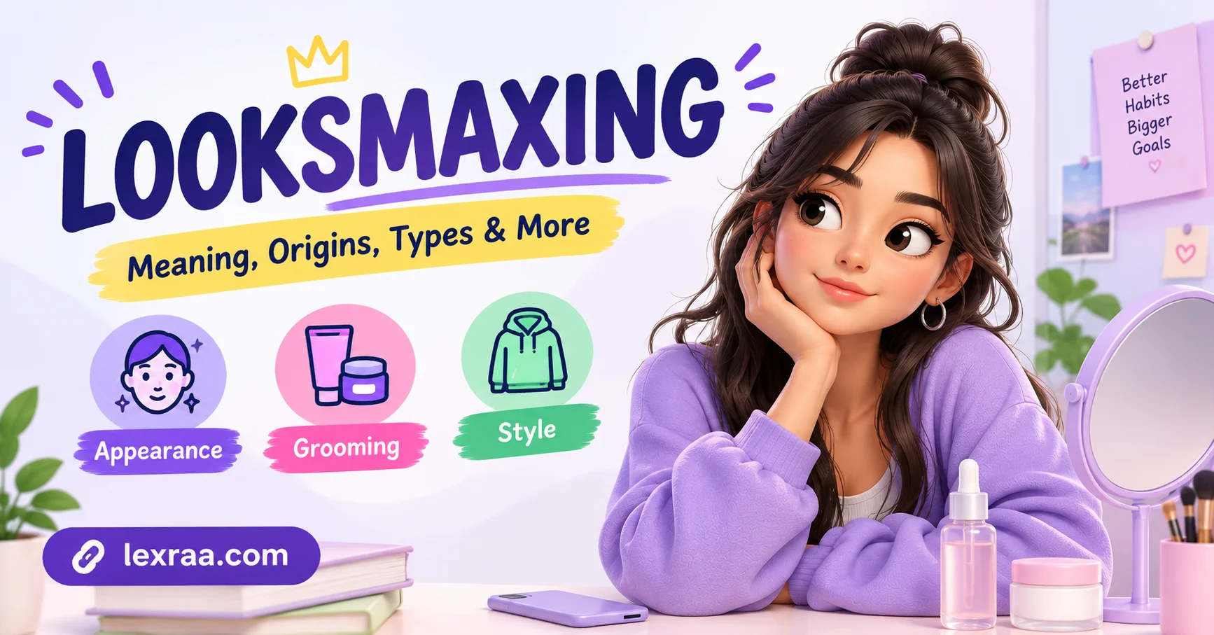 “LOOKSMAXING meaning illustrated with a stylish 3D woman beside skincare and beauty items, highlighting appearance, grooming, and style,