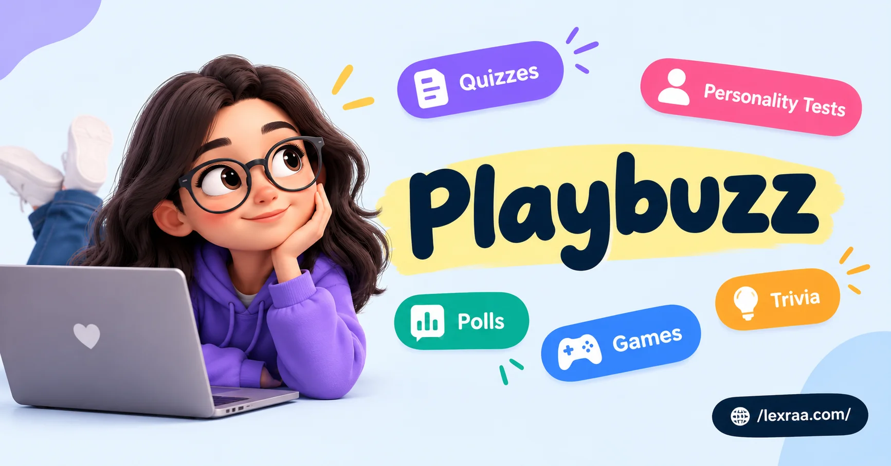 Playbuzz featured image showing a girl using a laptop, with “Playbuzz” prominently displayed alongside colorful labels for Quizzes, Personality Tests, Polls, Games, and Trivia,