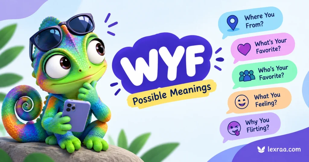 WYF meaning in text explained with a colorful chameleon holding a smartphone, showing possible meanings “Where You From?”, “What’s Your Favorite?”, “Who’s Your Favorite?”, “What You Feeling?”, and “Why You Flirting?”,