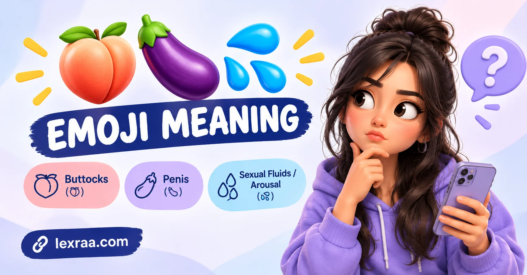 “Emoji meaning infographic featuring peach, eggplant, and water-drop emojis with a woman using a smartphone, explaining their common suggestive meanings,