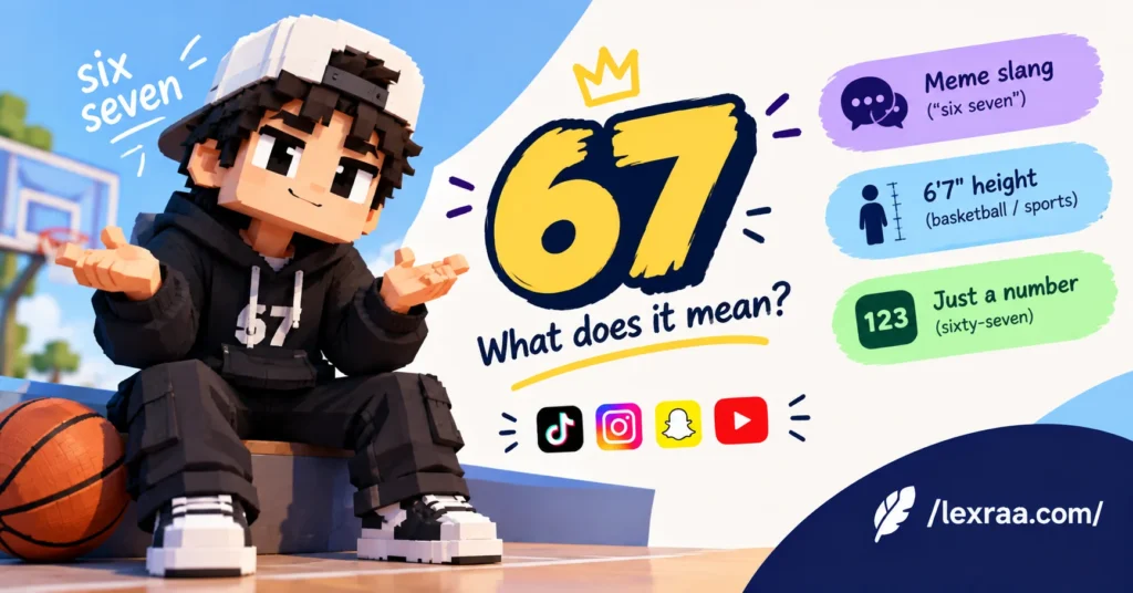 67 meaning in slang explained with a colorful pixel-style basketball character, showing “six seven” meme slang, the 6'7" height connection, and the literal number 67, with social media icons and Lexraa branding.