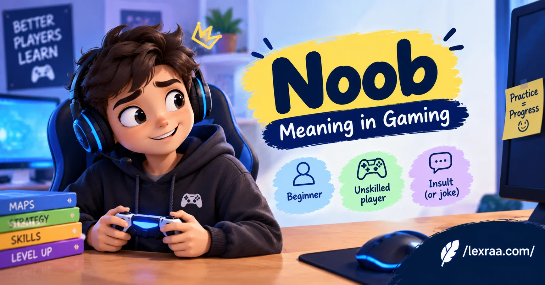 Noob meaning in gaming featured image showing a 3D cartoon gamer wearing a headset and holding a controller, with the meanings “Beginner,” “Unskilled Player,” and “Insult (or Joke),” plus colorful gaming elements and /lexraa.com/ branding.