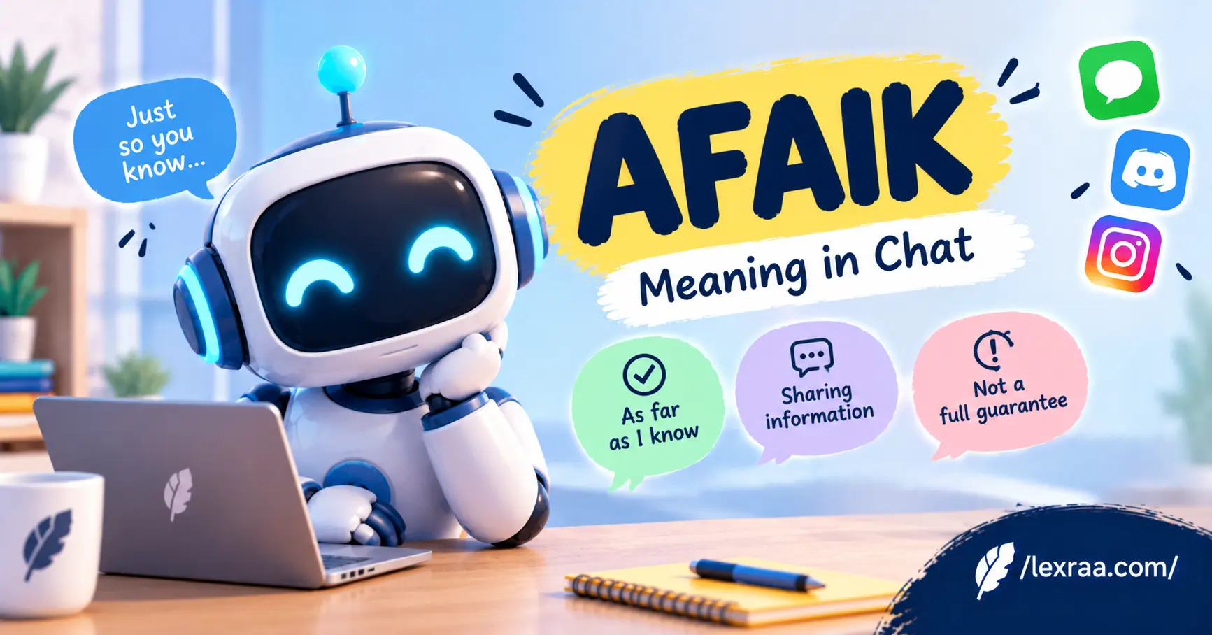 AFAIK meaning in chat featured image with a friendly blue-and-white robot beside a laptop, highlighting “As Far As I Know,” “Sharing Information,” and “Not a Full Guarantee,” with chat icons and /lexraa.com/ branding.