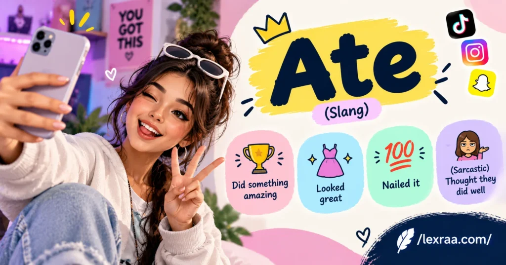 Ate slang meaning featured image showing a young woman taking a selfie, with “Ate” defined as doing something amazing, looking great, nailing it, and the sarcastic phrase “thought they did well,” featuring Lexraa.com branding.