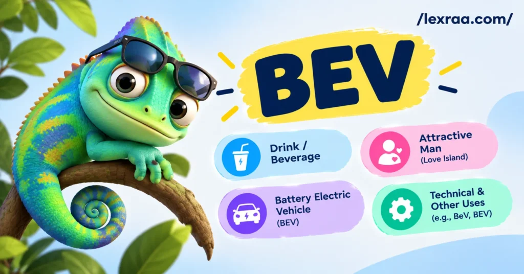 BEV meaning explained with a 3D chameleon, showing “Drink / Beverage,” “Attractive Man (Love Island),” “Battery Electric Vehicle,” and “Technical & Other Uses,” with /lexraa.com/ branding.