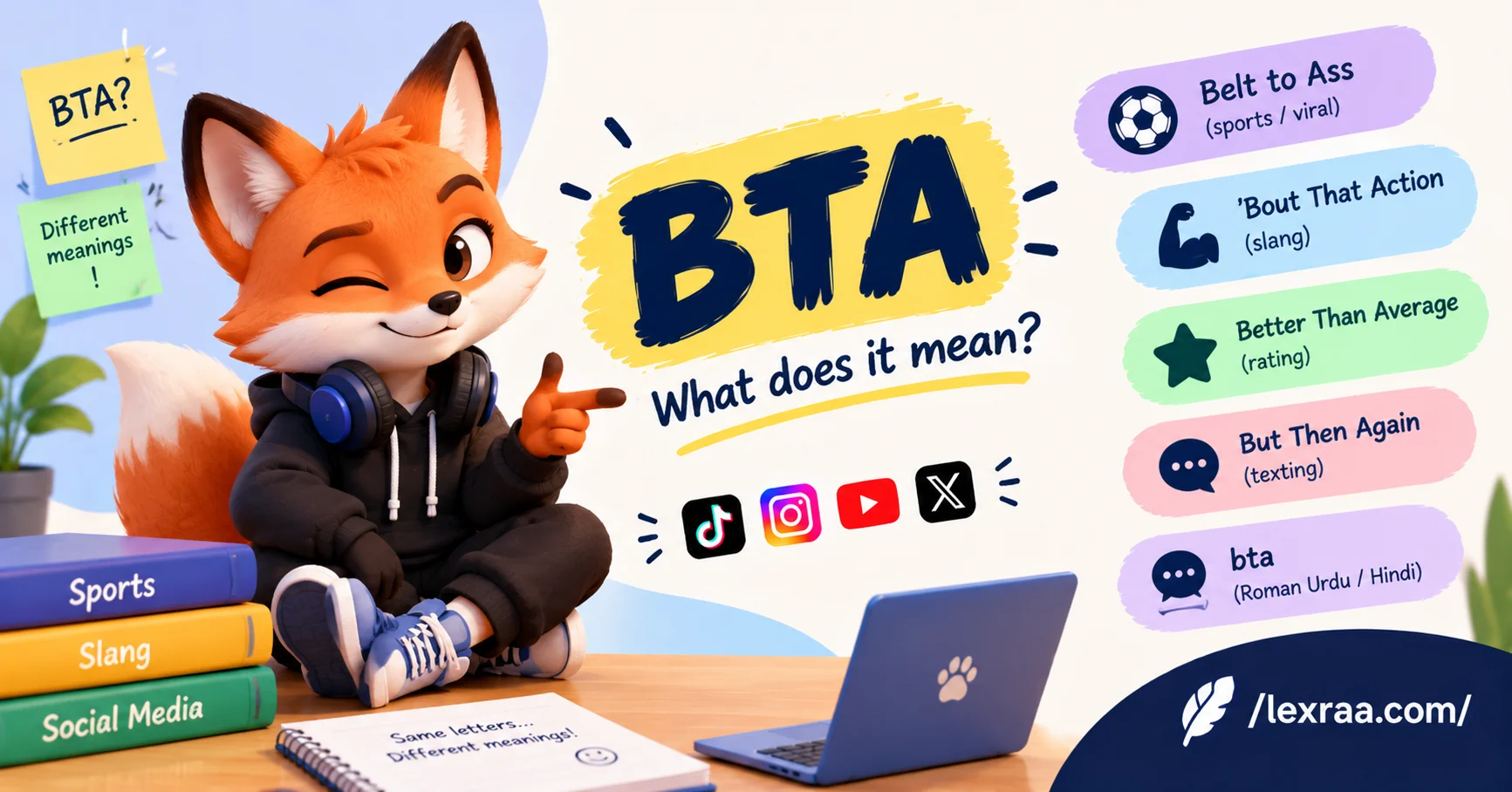 BTA slang meaning explained with a playful 3D fox character, showing “Belt to Ass,” “‘Bout That Action,” “Better Than Average,” “But Then Again,” and Roman Urdu/Hindi “bta,” with social media icons and Lexraa branding.