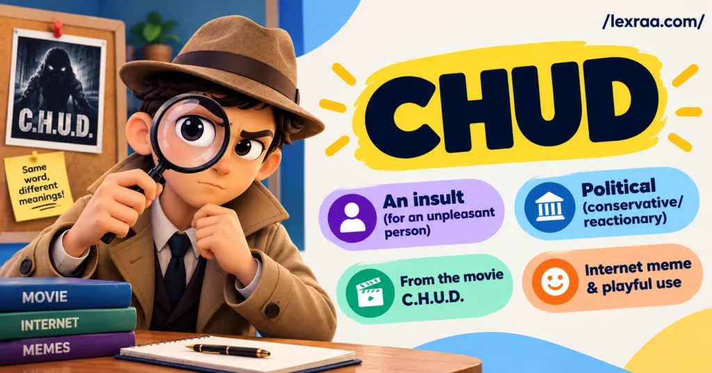 CHUD meaning explained with a detective character, showing its uses as an internet insult, political slang, movie title, and meme term.