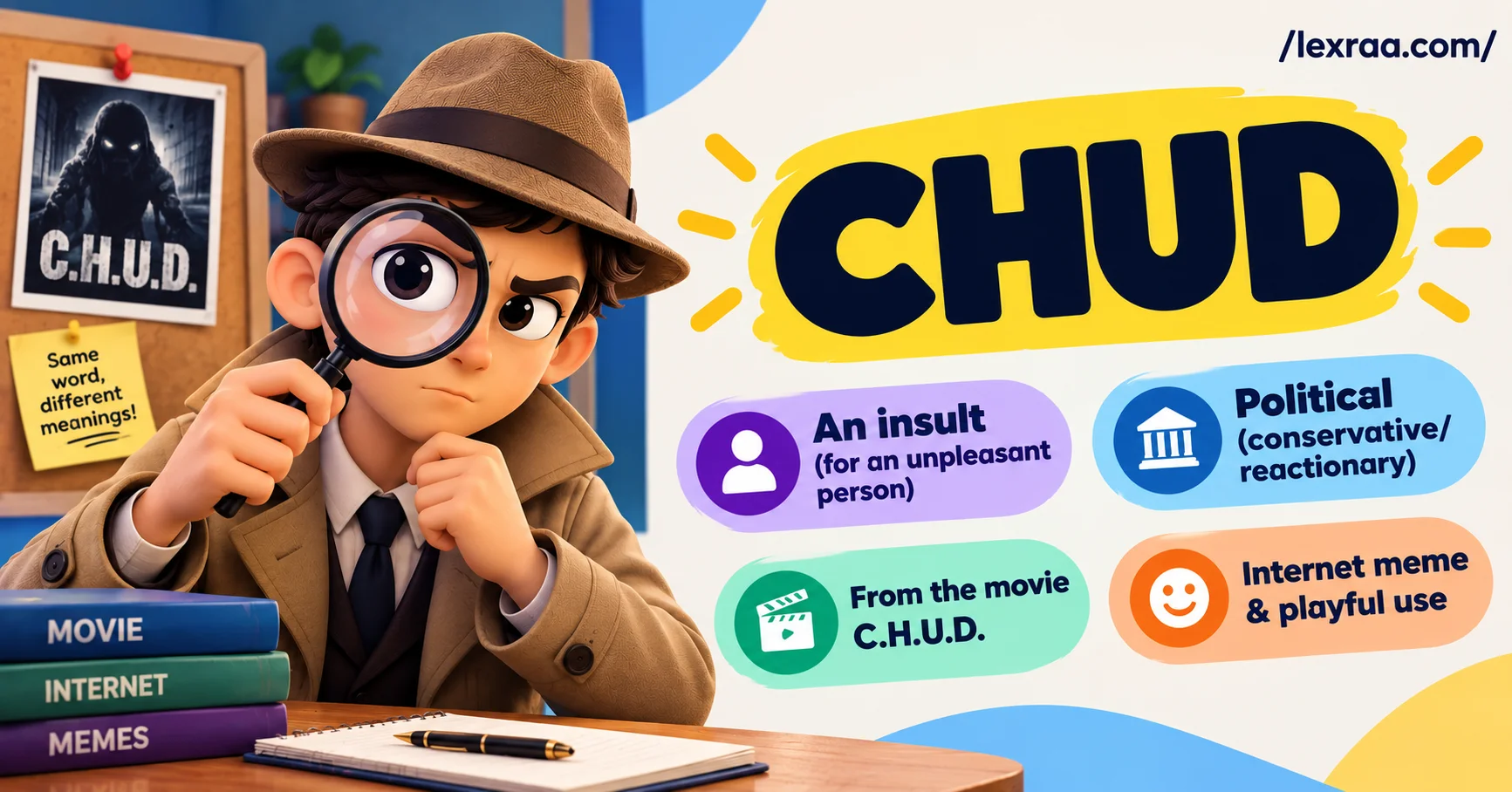 CHUD meaning explained with a detective character, showing its uses as an internet insult, political slang, movie title, and meme term.