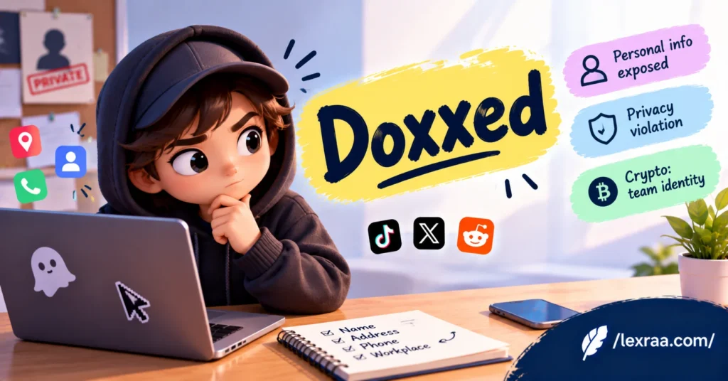 Doxxed meaning slang explained with a cyber privacy character, showing personal information exposed, privacy violation, and the crypto meaning of a publicly identified team, with social media icons and /lexraa.com/ branding.