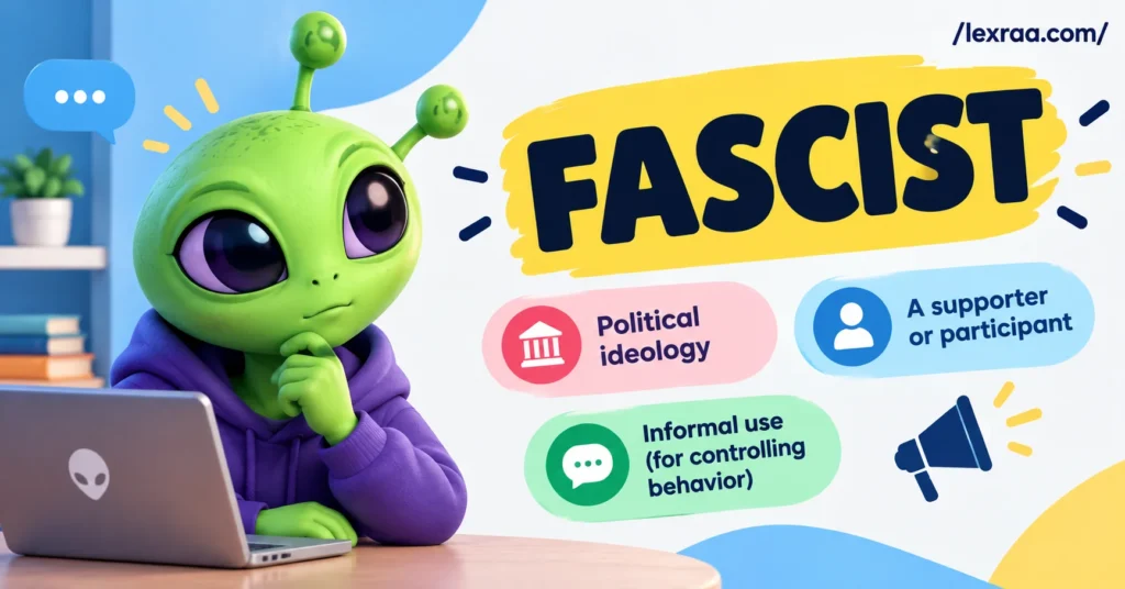 Featured image explaining the meaning of “fascist,” showing a cartoon green alien using a laptop beside a graphic defining fascist as a political ideology, a supporter or participant, and an informal term related to controlling behavior.
