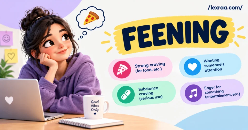 “Feening meaning” featured image showing a person craving pizza, with key meanings including strong craving, wanting someone’s attention, substance craving, and eagerness for entertainment.