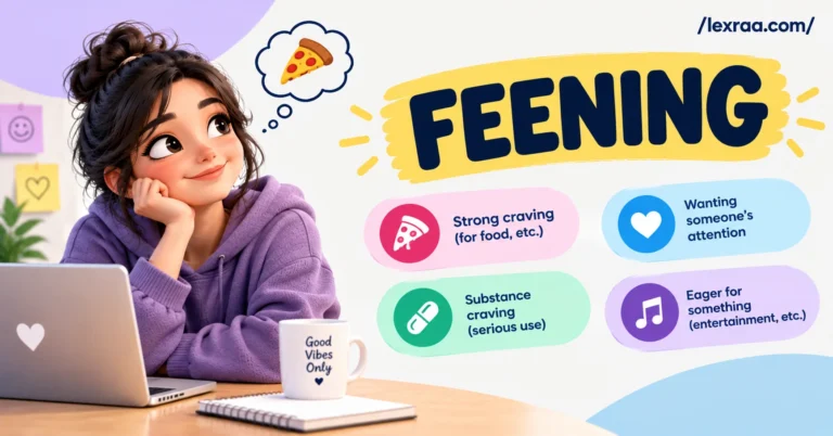 “Feening meaning” featured image showing a person craving pizza, with key meanings including strong craving, wanting someone’s attention, substance craving, and eagerness for entertainment.