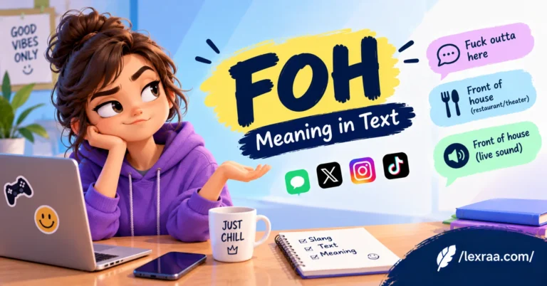 FOH meaning in slang featured image showing a 3D cartoon woman in a purple hoodie, with “Fuck outta here,” “Front of house” in restaurants and theaters, and “Front of house” in live sound, plus social media icons and /lexraa.com/ branding.