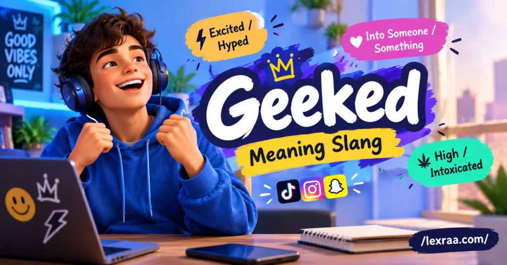 Colorful 3D featured image for “Geeked Meaning Slang,” showing an excited young character with headphones alongside the meanings “Excited / Hyped,” “Into Someone / Something,” and “High / Intoxicated,” with /lexraa.com/ branding.