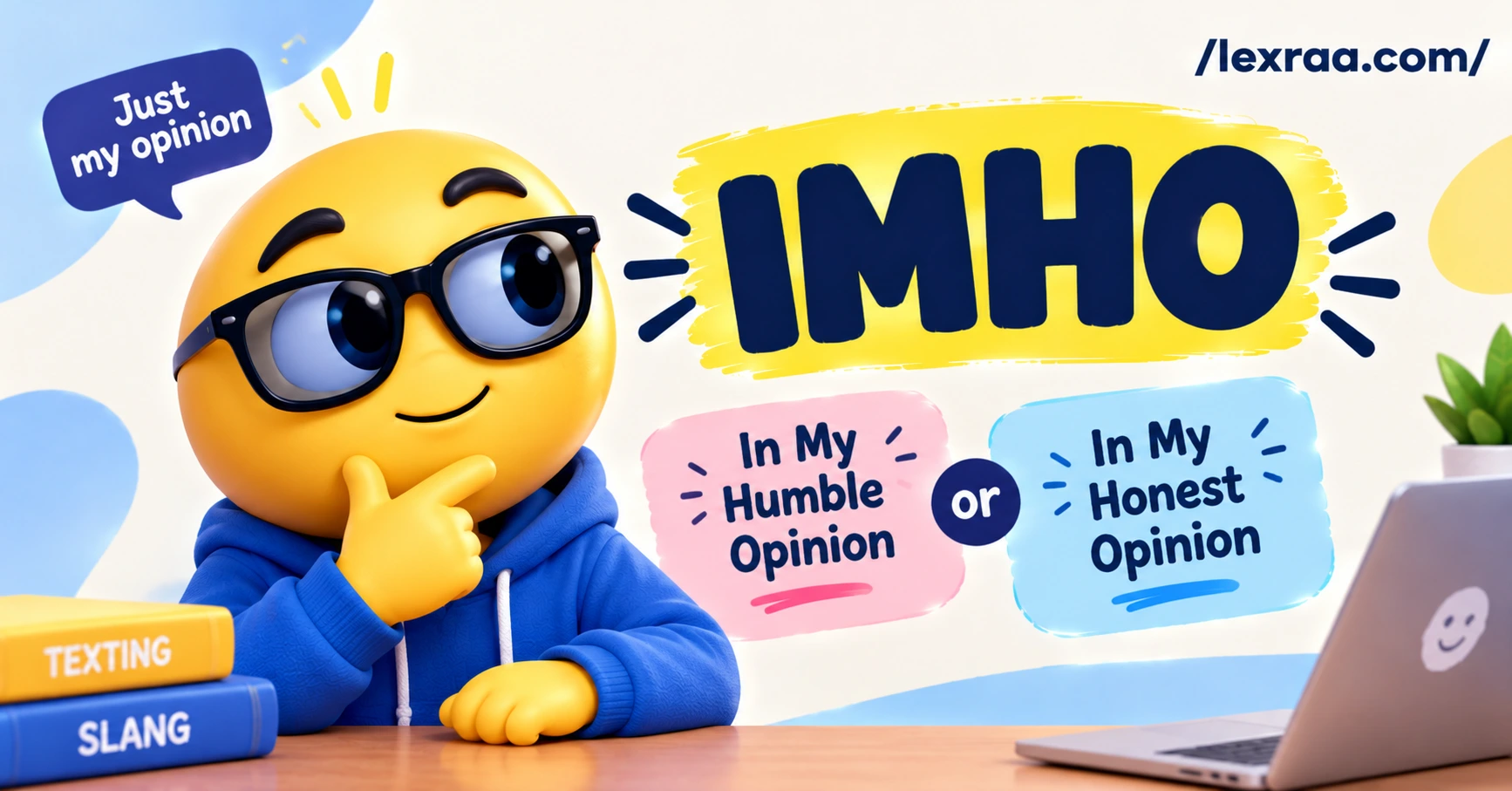 IMHO meaning in text featured image showing a thoughtful 3D emoji character wearing a blue hoodie and sunglasses, with bold IMHO lettering and the meanings “In My Humble Opinion” and “In My Honest Opinion,” featuring colorful speech bubbles and /lexraa.com/ branding.
