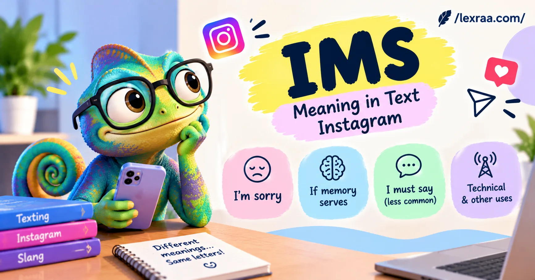 IMS meaning in text Instagram featured image showing a colorful chameleon holding a smartphone, with possible meanings including “I’m sorry,” “If memory serves,” “I must say” (less common), and technical uses, alongside Instagram icons and Lexraa.com branding.