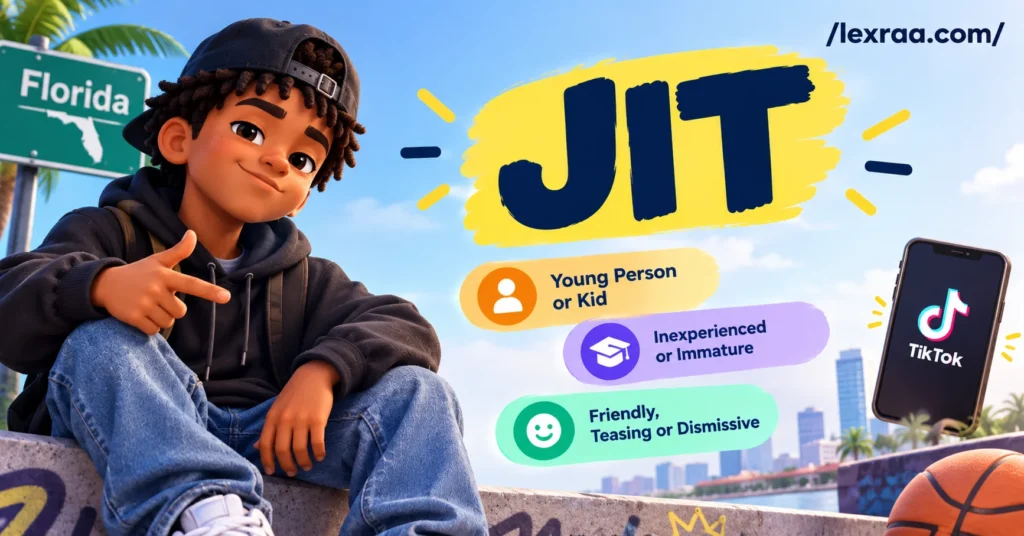 Jit meaning in slang, illustrated with a 3D young character in a Florida setting, featuring “Young Person or Kid,” “Inexperienced or Immature,” and “Friendly, Teasing or Dismissive,” with TikTok and /lexraa.com/ branding.