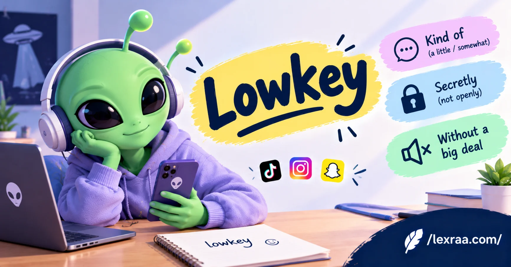 Lowkey meaning slang explained with a colorful 3D alien character, showing “Kind of,” “Secretly,” and “Without a big deal,” with TikTok, Instagram, and Snapchat icons and /lexraa.com/ branding