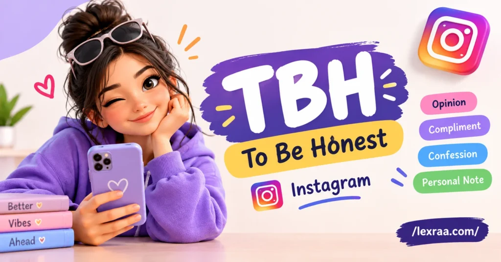TBH meaning on Instagram illustrated with a 3D woman holding a smartphone, Instagram icon, and key meanings including “To Be Honest,” “Opinion,” “Compliment,” “Confession,” and “Personal Note,” with /lexraa.com/ branding.