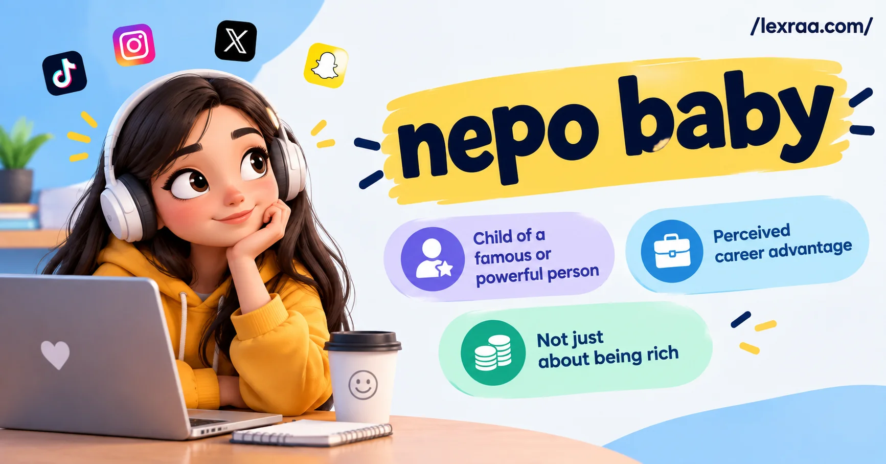 Featured image for “nepo baby,” showing a cartoon girl with headphones beside a laptop, with social media icons and clean labels explaining the term as a child of a famous or powerful person, a perceived career advantage, and more than simply being rich.