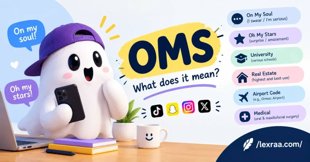 OMS meaning in chat explained with a playful 3D ghost character, showing “On My Soul” and “Oh My Stars” along with other OMS meanings in university, real estate, airport, and medical contexts.