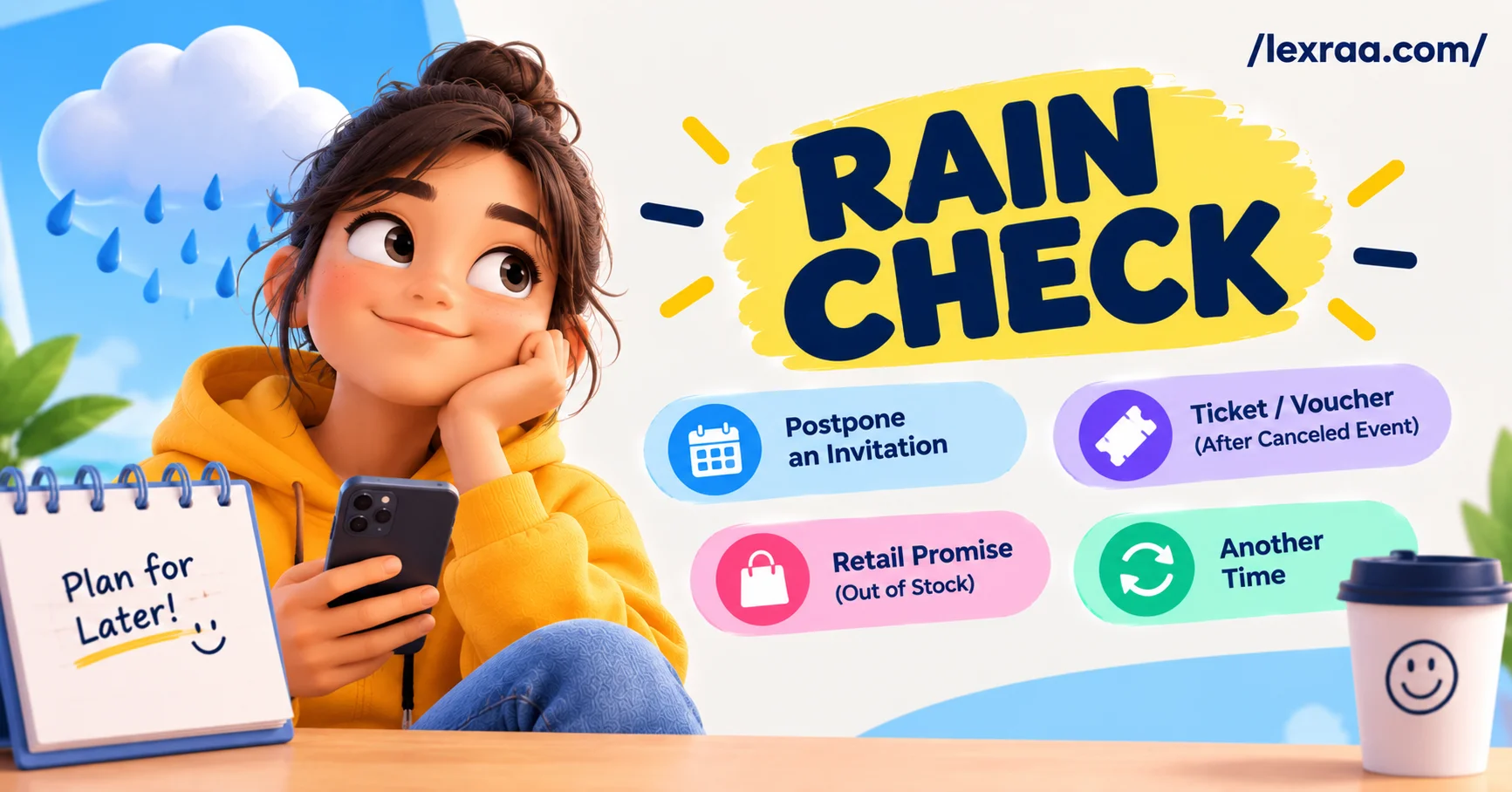 Rain check meaning slang, illustrated with a 3D character holding a smartphone, with “Postpone an Invitation,” “Ticket / Voucher,” “Retail Promise,” and “Another Time” showing its main meanings, plus /lexraa.com/ branding.
