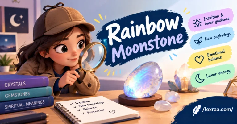 Rainbow moonstone meaning explained with a gemstone-themed detective character, showing intuition and inner guidance, new beginnings, emotional balance, lunar symbolism, and /lexraa.com/ branding.