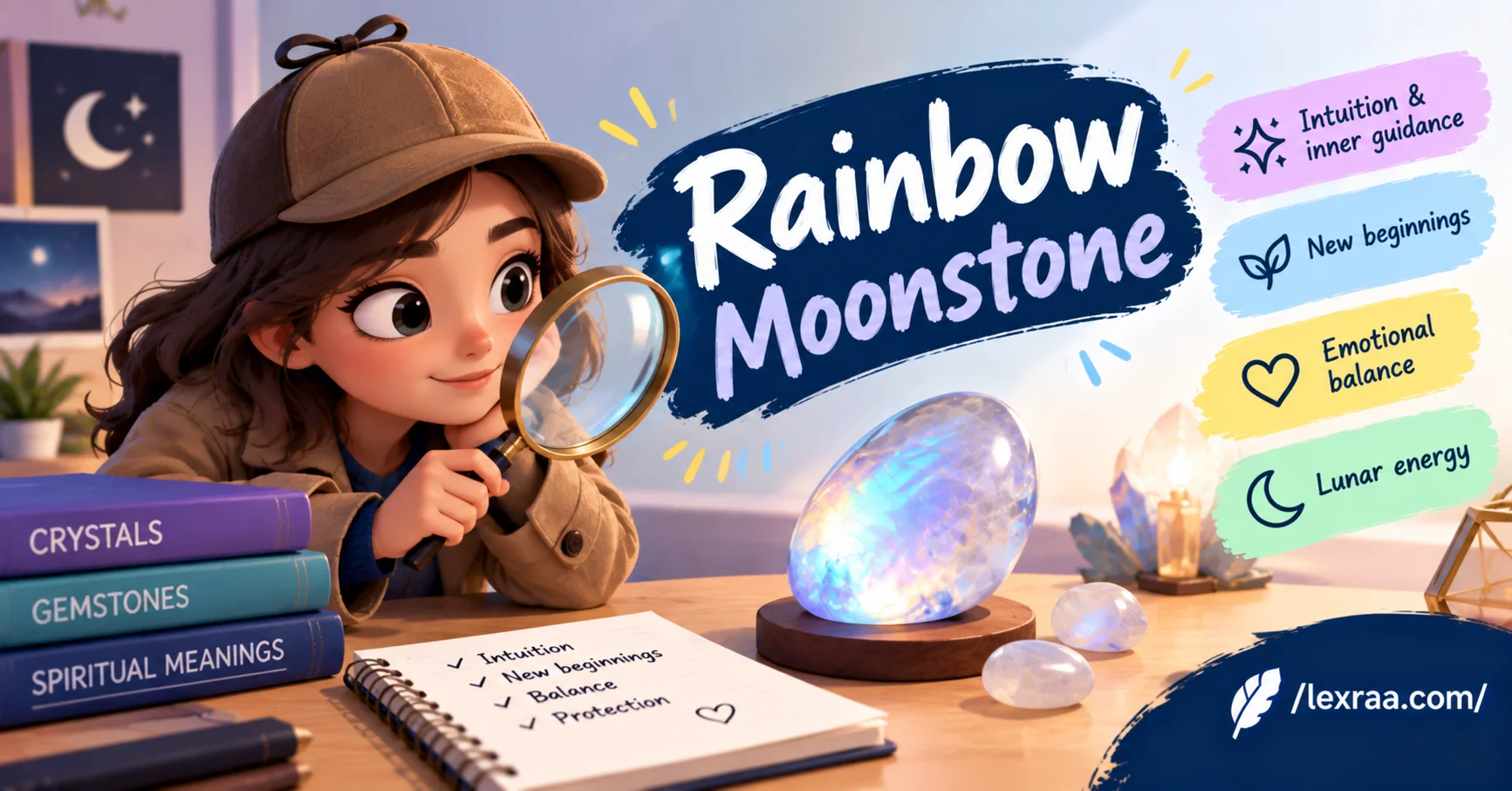 Rainbow moonstone meaning explained with a gemstone-themed detective character, showing intuition and inner guidance, new beginnings, emotional balance, lunar symbolism, and /lexraa.com/ branding.