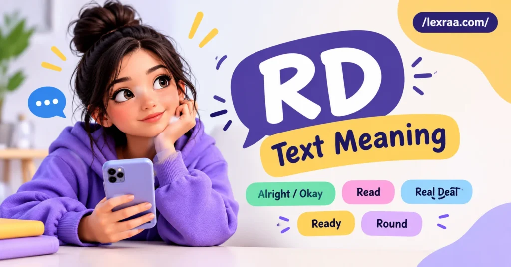 RD Text Meaning explained with a 3D woman holding a smartphone and possible meanings including “Alright / Okay,” “Read,” “Real Deal,” “Ready,” and “Round,”