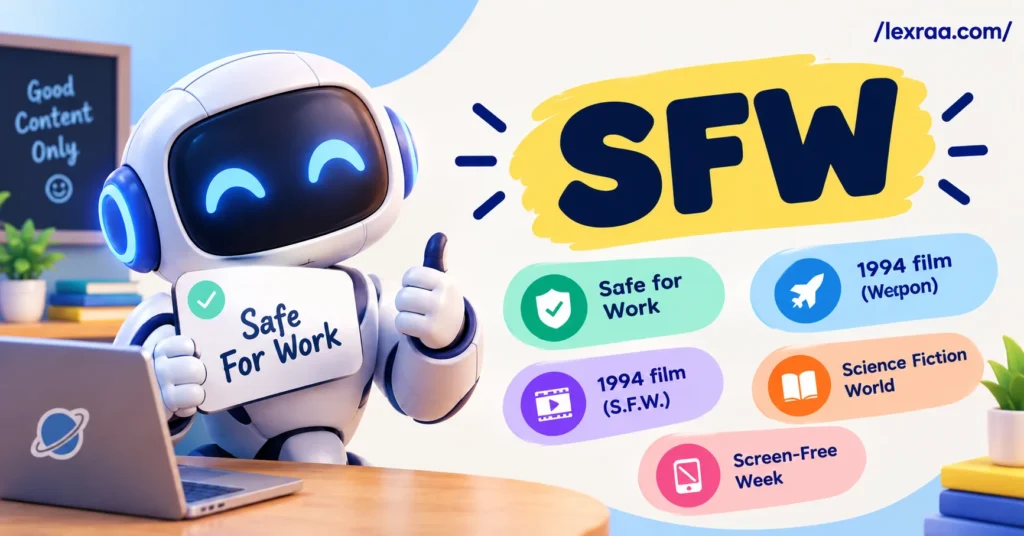 SFW meaning illustrated with a friendly robot holding a “Safe For Work” sign, alongside keywords for Safe For Work, the 1994 film S.F.W., Science Fiction World, Sensor Fuzed Weapon, and Screen-Free Week.