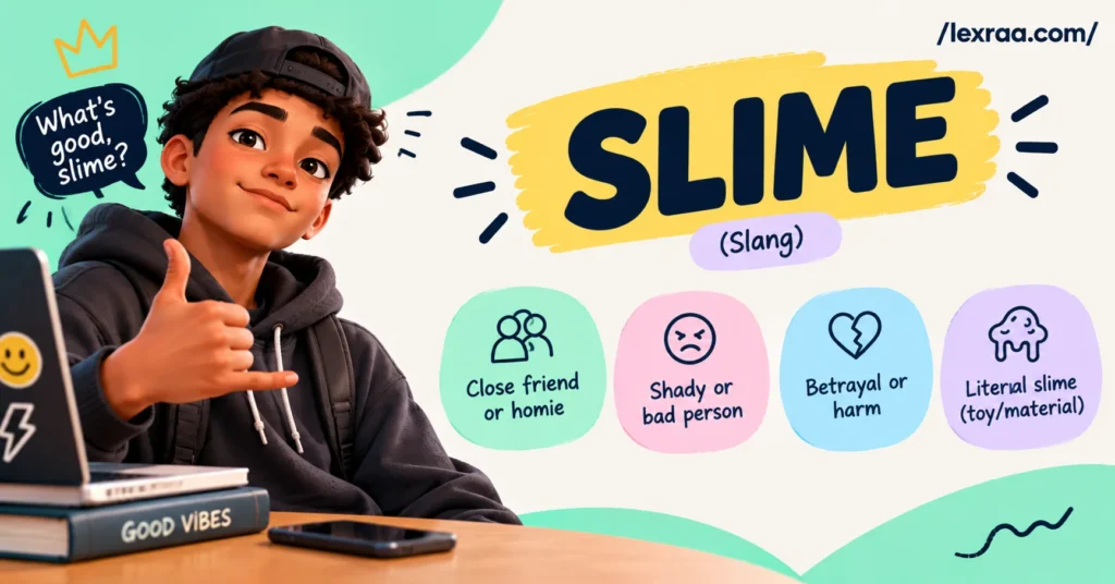 Slime meaning slang featured image showing a teen greeting a friend with “What’s good, slime?” and four meanings: close friend or homie, shady person, betrayal or harm, and literal slime material.