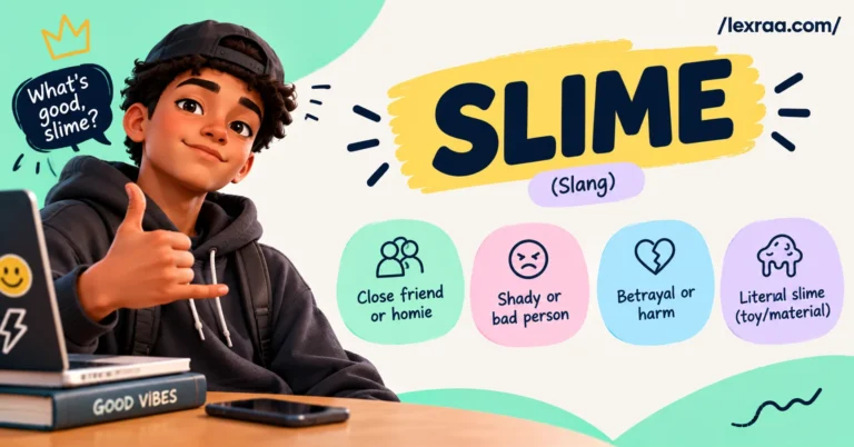 Slime meaning slang featured image showing a teen greeting a friend with “What’s good, slime?” and four meanings: close friend or homie, shady person, betrayal or harm, and literal slime material.