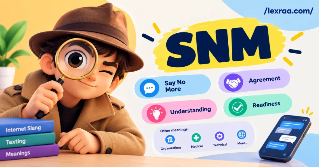 SNM meaning in texting illustrated by a detective character examining a magnifying glass, with “Say No More,” “Agreement,” “Understanding,” and “Readiness” shown as key meanings alongside other technical, medical, and organizational uses.