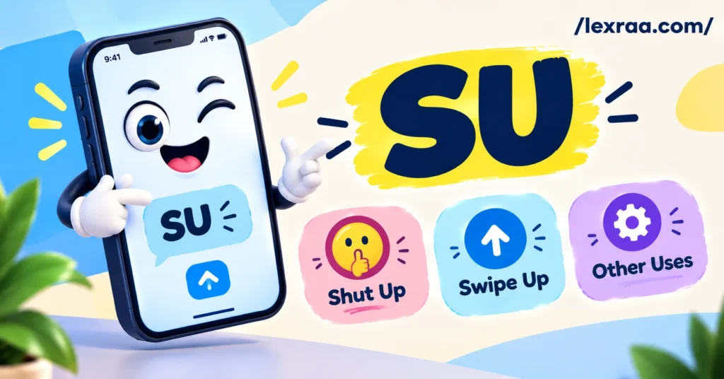 SU text meaning illustrated with a cheerful 3D smartphone character, featuring the meanings “Shut Up,” “Swipe Up,” and “Other Uses,” with bold SU lettering and /lexraa.com/ branding.
