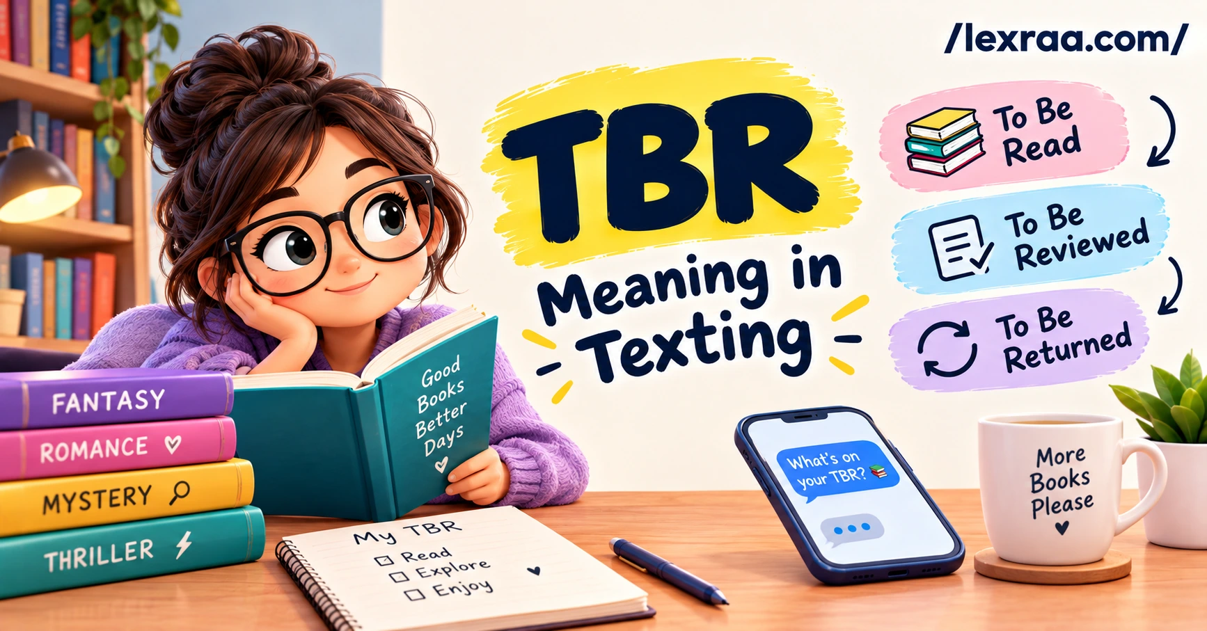 TBR meaning in texting featured image showing a 3D reader with glasses surrounded by colorful books, a reading checklist, and a smartphone. Bold “TBR Meaning in Texting” lettering highlights three possible meanings: “To Be Read,” “To Be Reviewed,” and “To Be Returned,” with /lexraa.com/ branding.