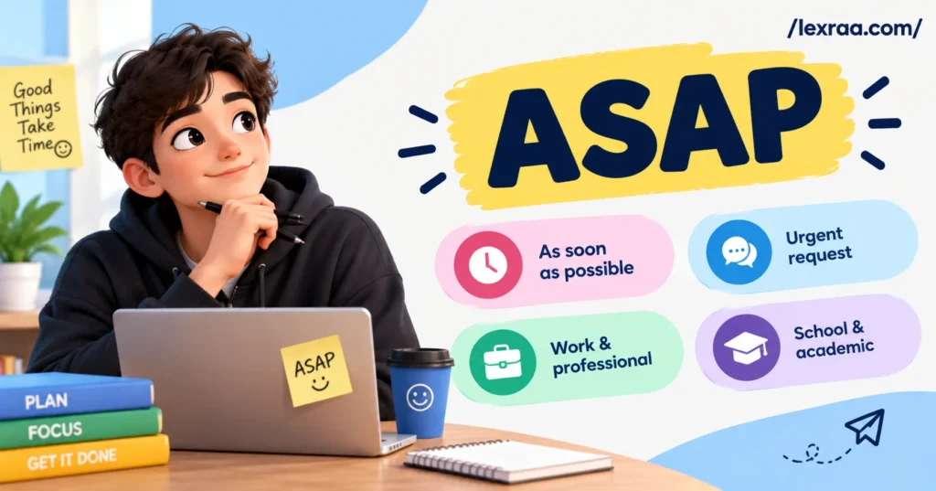 “ASAP meaning in text” featured image showing ASAP as “as soon as possible,” an urgent request, and common work and school communication contexts.
