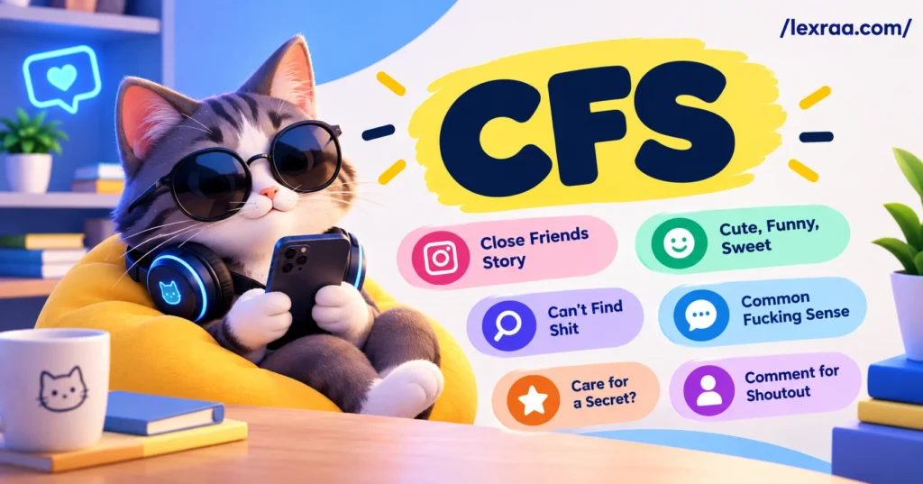 CFS meaning in texting, illustrated by a 3D cyber cat using a smartphone, with “Close Friends Story,” “Cute, Funny, Sweet,” “Can’t Find Shit,” “Common Fucking Sense,” “Care for a Secret?” and “Comment for Shoutout.”
