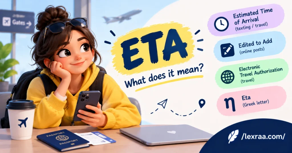 ETA meaning explained in a clean colorful featured image, showing “Estimated Time of Arrival,” “Edited to Add,” “Electronic Travel Authorization,” and the Greek letter eta, with a travel-themed character and Lexraa branding.