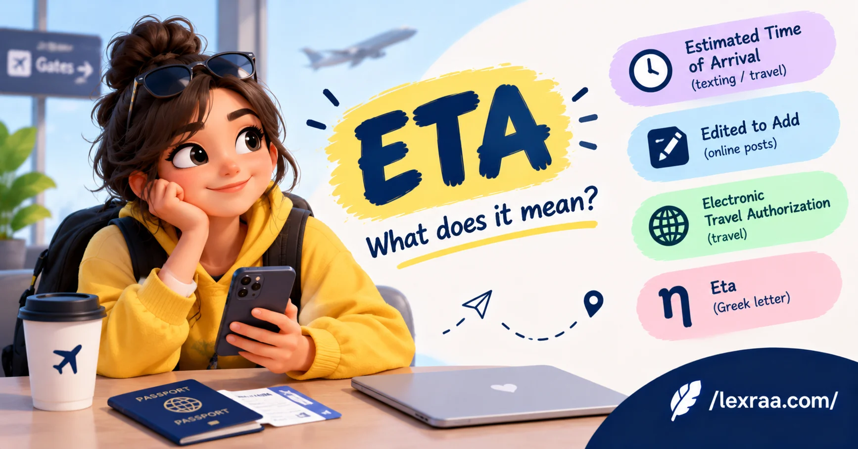 ETA meaning explained in a clean colorful featured image, showing “Estimated Time of Arrival,” “Edited to Add,” “Electronic Travel Authorization,” and the Greek letter eta, with a travel-themed character and Lexraa branding.