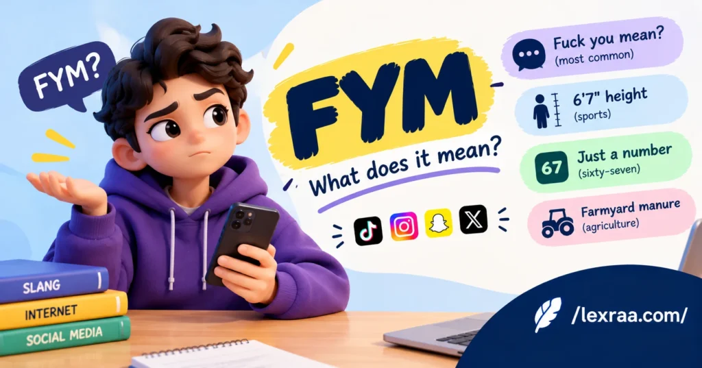 FYM meaning in slang explained with a 3D character holding a smartphone, showing “Fuck you mean?” as the main meaning, with social media icons and a clean Lexraa blog design.
