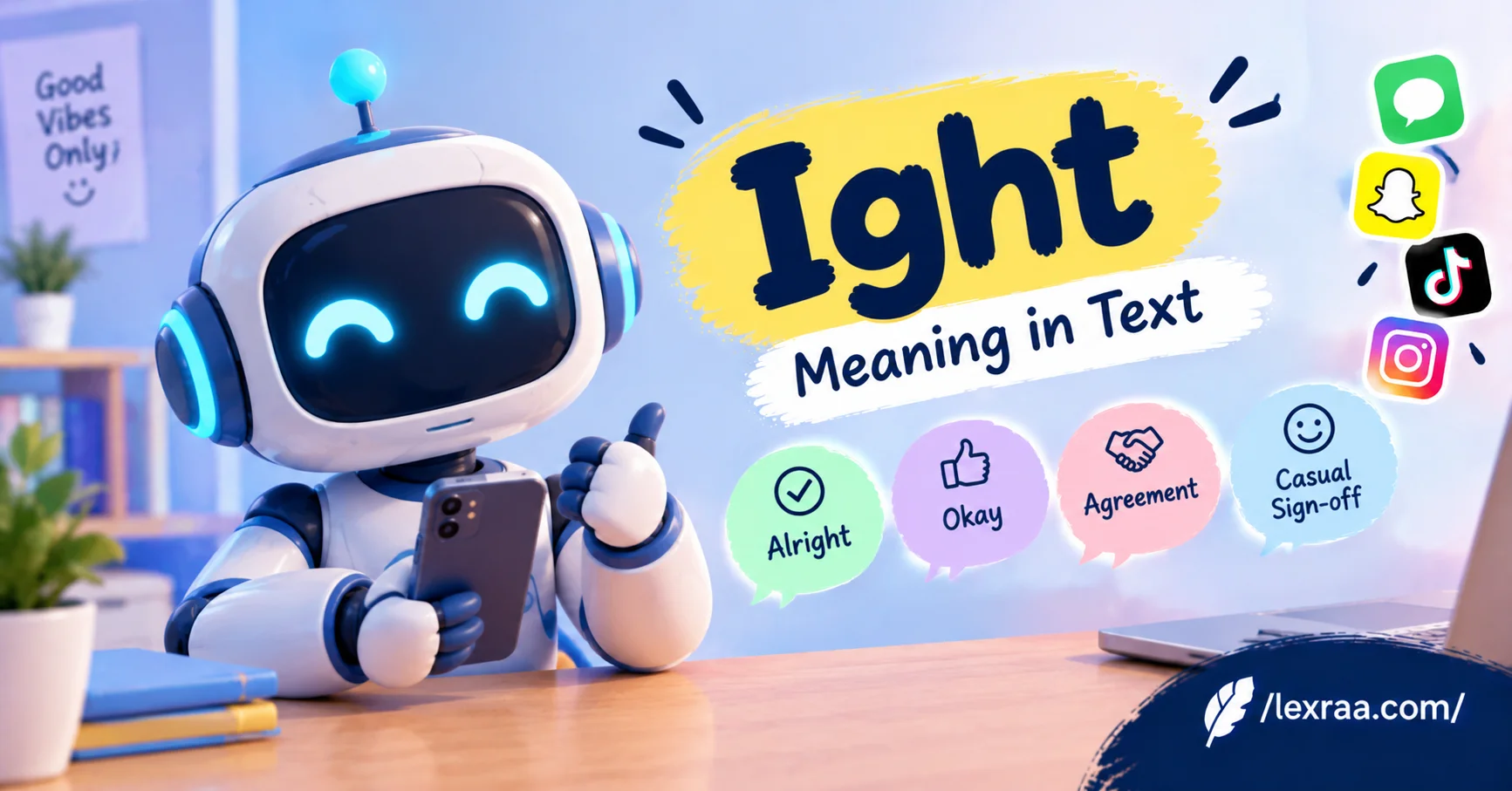Ight meaning in text featured image showing a friendly robot holding a smartphone, with “Ight” defined as “alright,” “okay,” “agreement,” and “casual sign-off,” alongside social media icons and Lexraa.com branding.