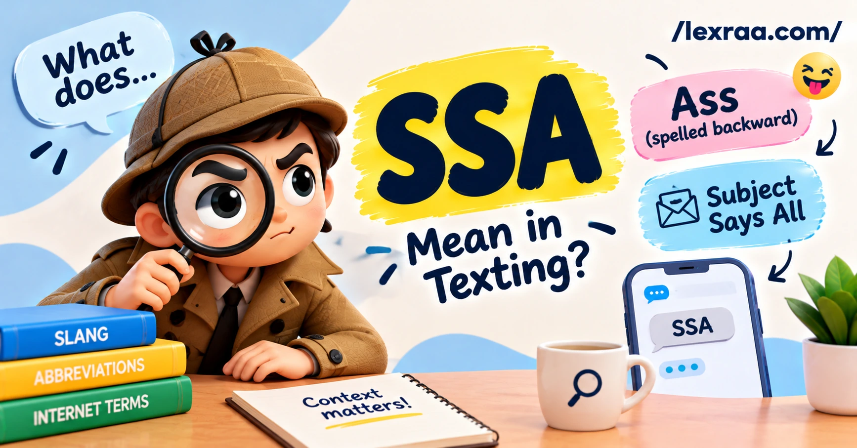 SSA meaning in texting featured image showing a 3D detective character holding a magnifying glass, bold “SSA” lettering, and two possible meanings: “Ass (spelled backward)” and “Subject Says All,” with a messaging phone and /lexraa.com/ branding.