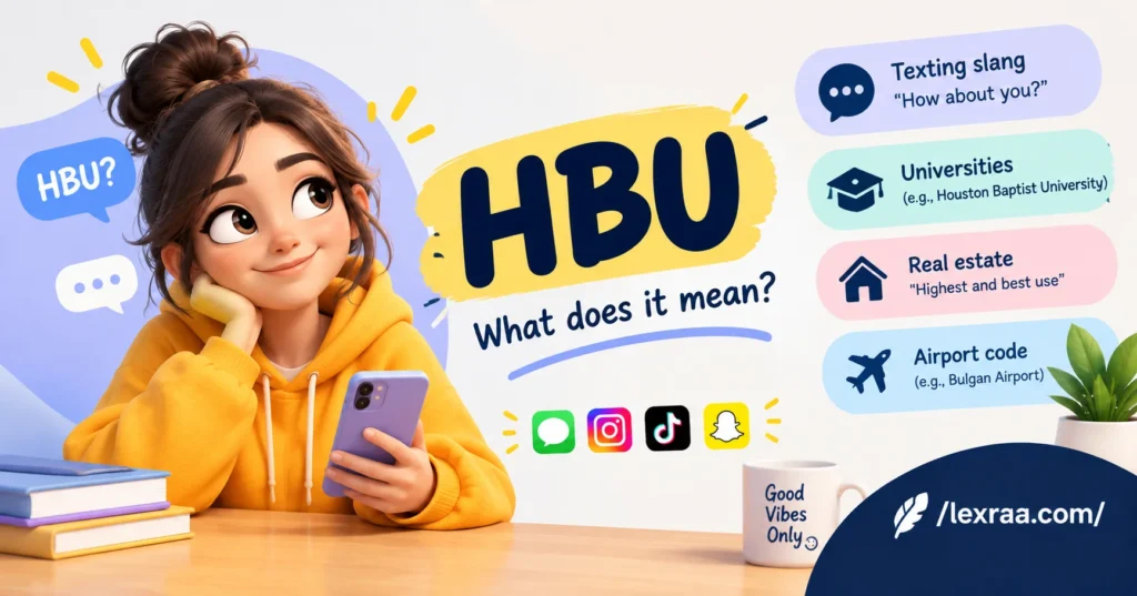 HBU meaning in text explained with a 3D character, showing “How about you?” along with other meanings of HBU, including university, real estate, and airport code.