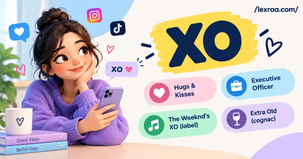 “XO meaning in chat” featured image showing a smartphone chat with “XO” and the meanings “Hugs & Kisses,” “Executive Officer,” “The Weeknd’s XO,” and “Extra Old (cognac)” on a clean colorful blog design.